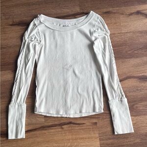 We The Free White Long Sleeve Top, braised open weave sleeves, cold shoulder